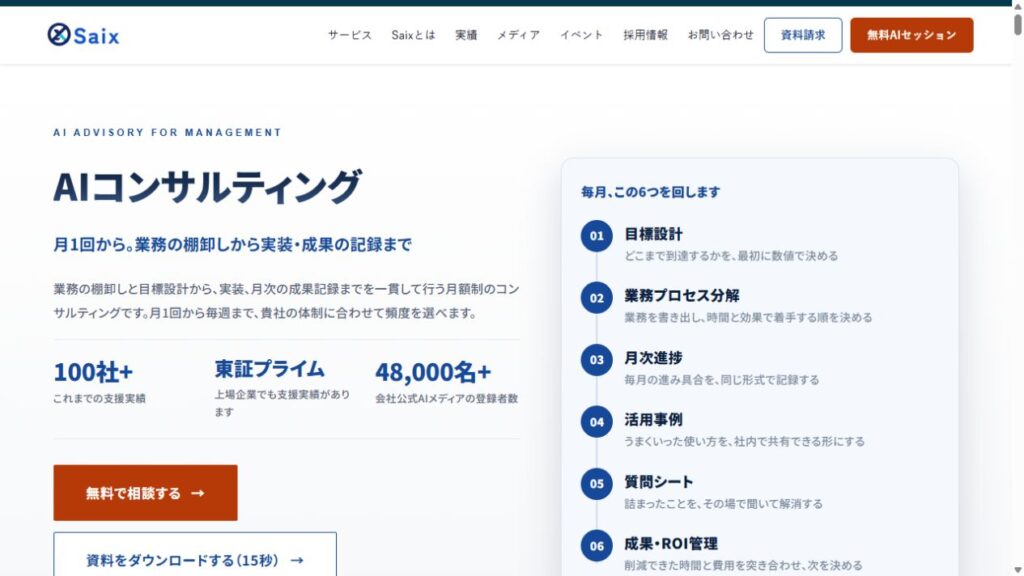 AI経営顧問（Saix）のサービス公式ページのスクリーンショット