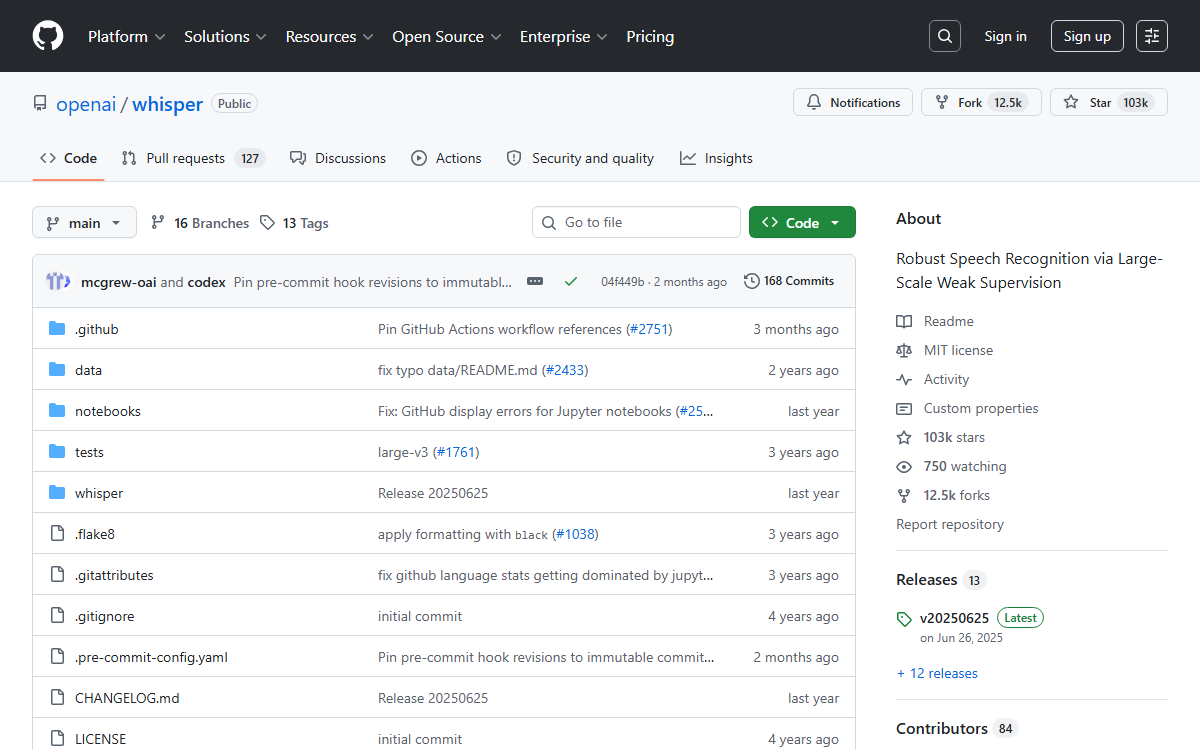 OpenAI Whisperの公式リポジトリ（GitHub）