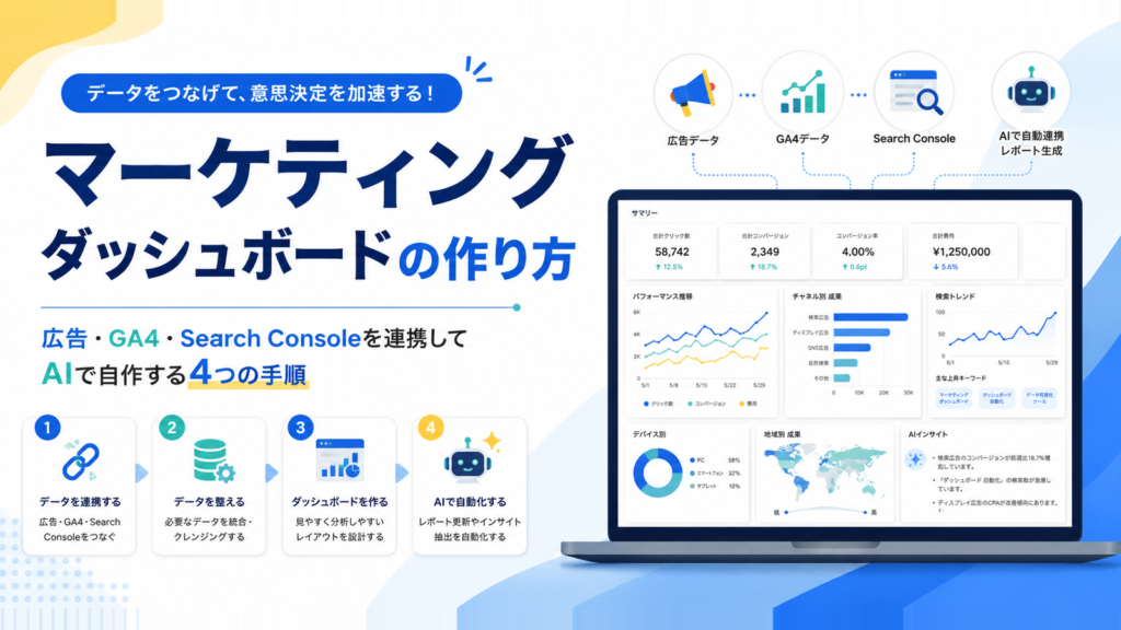 マーケティングダッシュボードの作り方のアイキャッチ。広告・GA4・Search Consoleを連携してAIで自作する4つの手順と、統合ダッシュボードの画面イメージ
