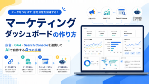 マーケティングダッシュボードの作り方のアイキャッチ。広告・GA4・Search Consoleを連携してAIで自作する4つの手順と、統合ダッシュボードの画面イメージ