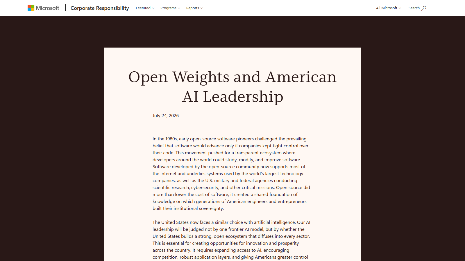 書簡「Open Weights and American AI Leadership」(Microsoft掲載ページ)より