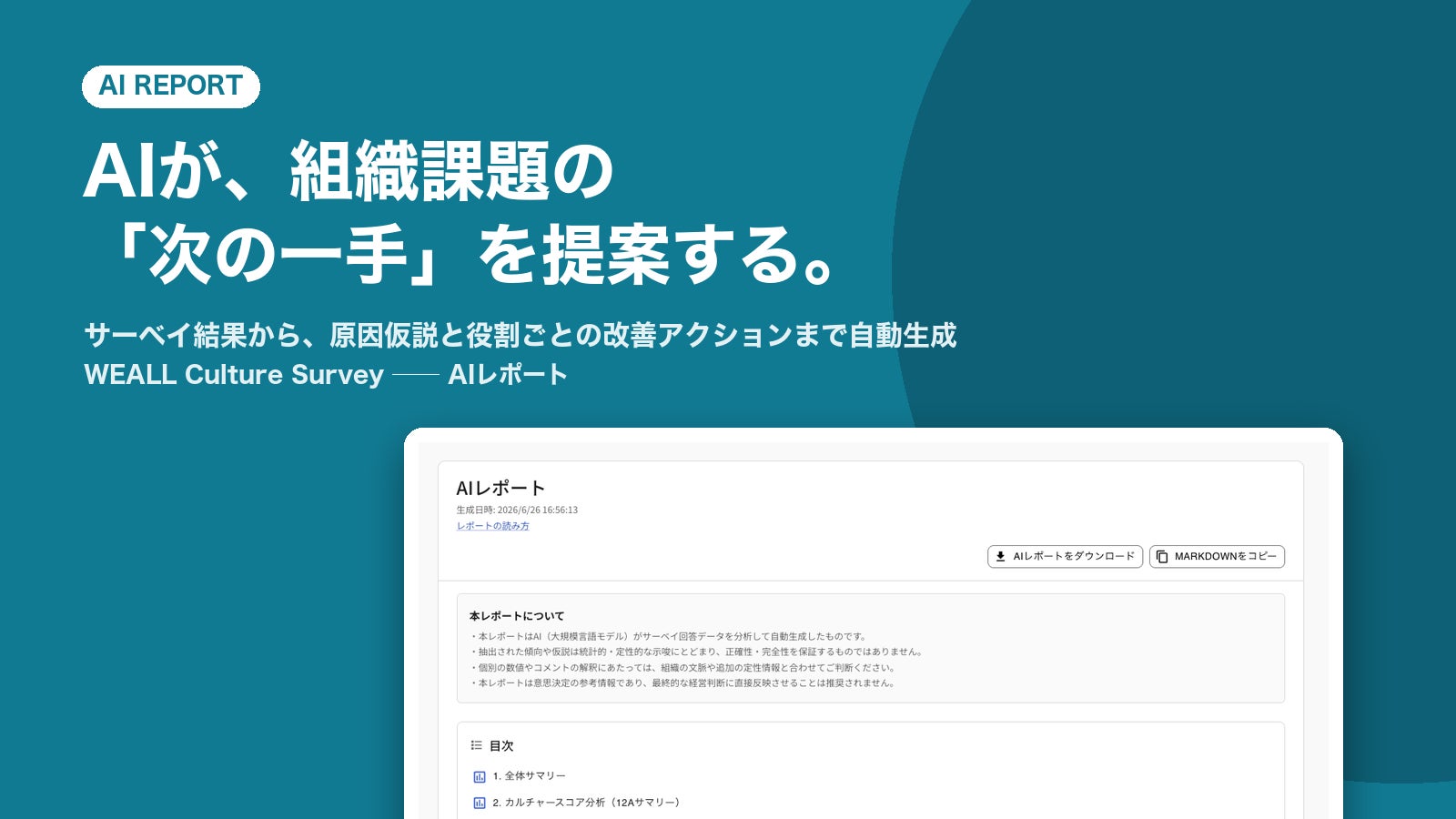 AIレポートの画面。サーベイ結果をAIが分析し、経営課題のサマリーと優先して取り組むアクションを冒頭に提示します